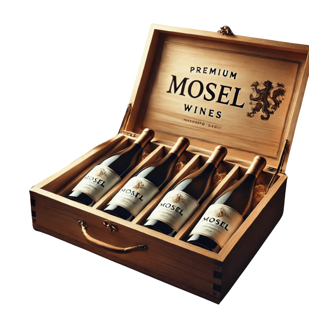 Eine edle Holzkiste mit fünf Flaschen Premium-Wein aus der Moselregion, sorgfältig präsentiert – ideal für Weinpakete bei mosel-schaetze.